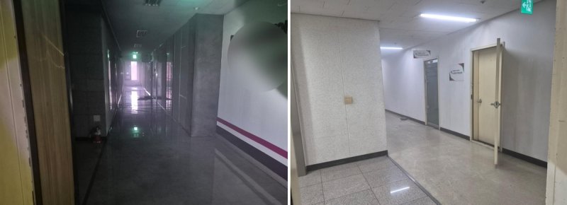 초진 이후 촬영된 BYC 건물 2층(왼쪽)과 5층 내부(오른쪽) (출처=연합뉴스)