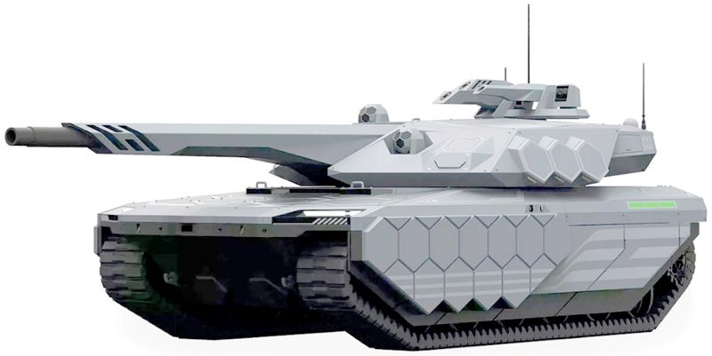 K3 미래형 스텔스 전차. 130㎜ 주포 확장 및 대구경탄 탑재, 원격사격통제체계(RCWS) 탑재와 3명 내의 캡슐형 승무원실과 360도 상황인식 및 원격무인화 시스템 등으로 미래 전차로 진화하는 설계 개념을 제시했다. 차체 자체가 스텔스형이며 궤도도 고무 재질로 경량화·기동성을 강화한 차기 주력 전차로 구현될 전망이다. 사진=현대로템 제공