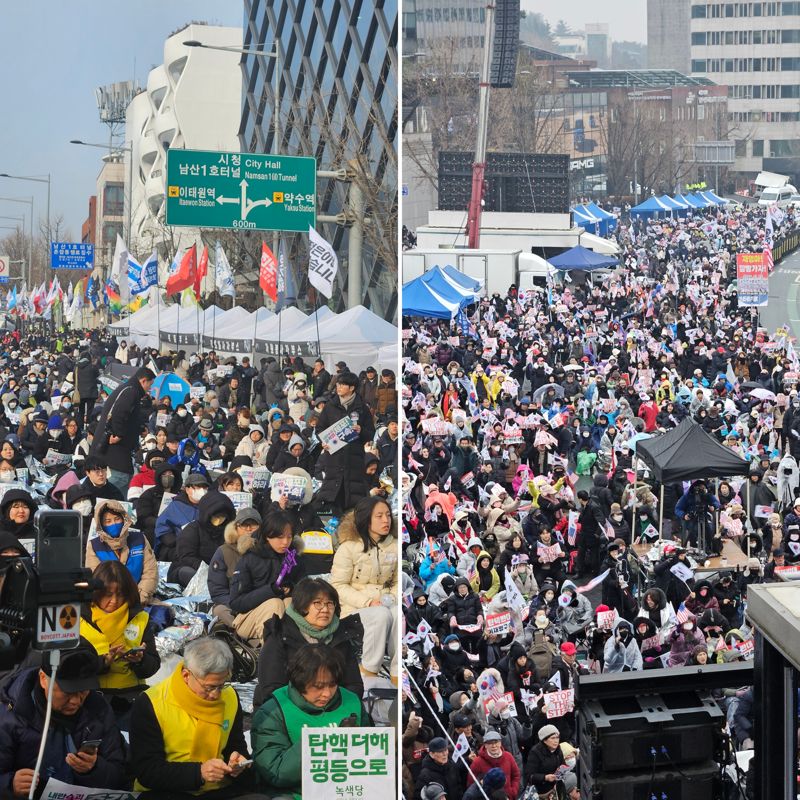 6일 서울 용산구 한남동 관저 앞 도로에서 체포촉구 집회(왼쪽)와 체포 반대집회가 진행 중이다. /사진=배한글 기자