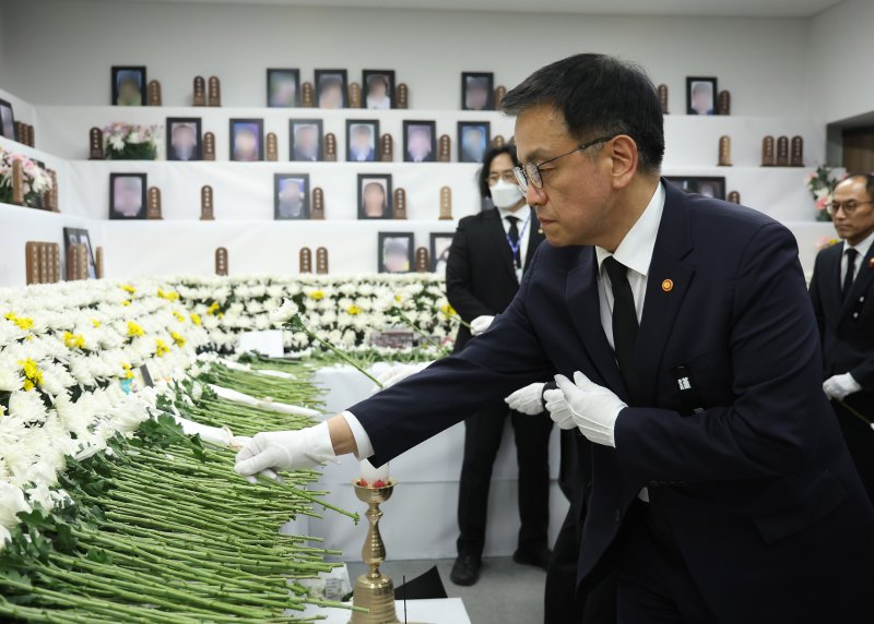 [무안=뉴시스] 조수정 기자 = 최상목 대통령 권한대행 부총리 겸 기획재정부 장관이 2일 전남 무안국제공항에 마련된 제주항공 여객기 참사 희생자 합동분향소를 찾아 헌화하고 있다. 2025.01.02. chocrystal@newsis.com