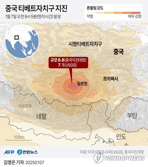 [그래픽] 중국 티베트자치구 지진 (출처=연합뉴스)
