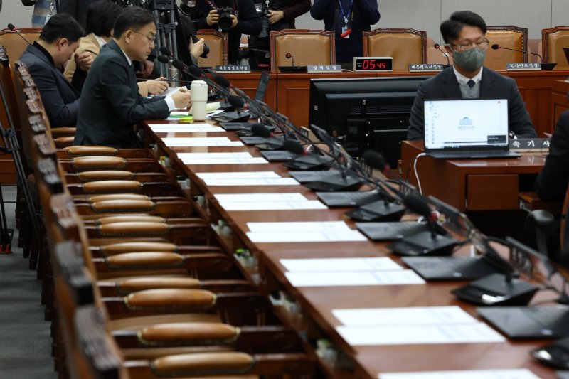 8일 오전 서울 여의도 국회에서 열린 '12·3 계엄 사태' 관련 현안 질의를 위한 운영위원회 전체회의에서 여당 의원들과 증인으로 채택된 대통령실 참모들이 불출석해 자리가 비어있다. 2025.1.8/뉴스1 ⓒ News1 이광호 기자