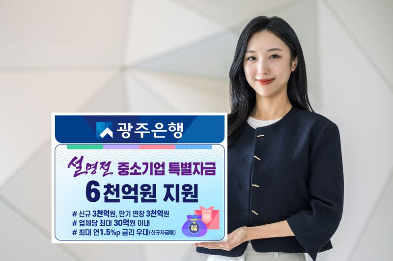 광주은행이 설 명절(29일)을 맞아 자금 수요에 어려움을 겪고 있는 지역 중소기업 및 소상공인을 대상으로 2월 28일까지 총 6000억원 규모의 '설 명절 중소기업 특별자금' 지원에 나선다. 광주은행 제공