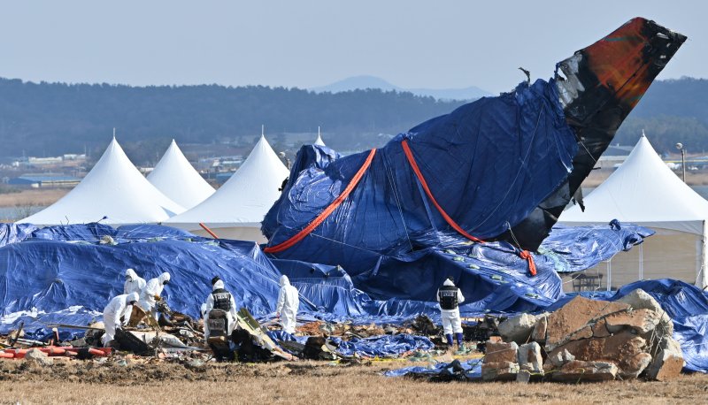 [무안=뉴시스] 이영주 기자 = 국토교통부 항공철도사고조사위원회 소속 감식반이 8일 오전 전남 무안군 무안국제공항 내 제주항공 여객기 참사 현장에서 사고 여객기 잔해물을 수거하고 있다. 2025.01.08. leey2578@newsis.com