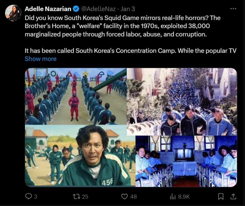 아델 나자리안의 X계정에 올라온 오징어게임과 형제복지원 /사진=X