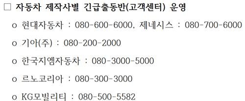 제작사별 긴급출동반 연락처 (출처=연합뉴스)