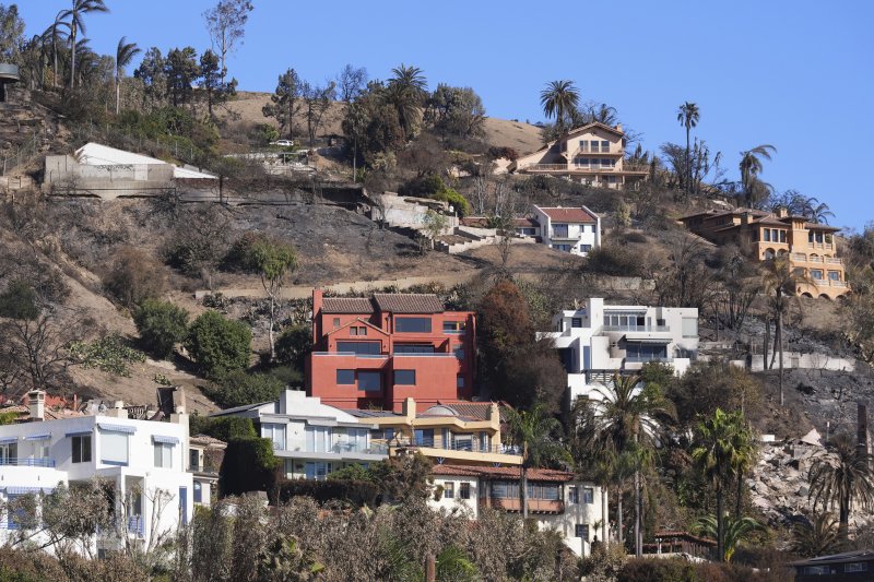 [말리부=AP/뉴시스] 12일(현지 시간) 미 캘리포니아주 말리부 언덕에 팰리세이즈 산불에서 살아남은 집들이 파괴된 집들 잔해 사이에 남아 있다. 2025.01.13.