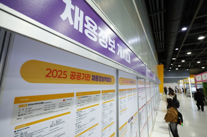 [서울=뉴시스] 전신 기자 = 14일 서울 서초구 aT센터에서 열린 2025 공공기관 채용정보박람회에서 구직자 등 참가자들이 채용정보 게시대를 살펴보고 있다. 2025.01.14. photo1006@newsis.com