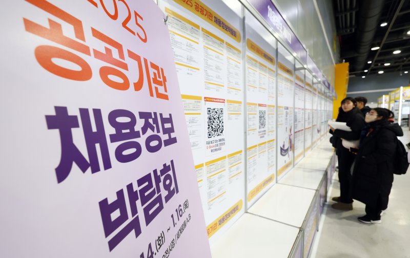 [서울=뉴시스] 전신 기자 = 14일 서울 서초구 aT센터에서 열린 2025 공공기관 채용정보박람회에서 구직자 등 참가자들이 채용정보 게시대를 살펴보고 있다. 2025.01.14. photo1006@newsis.com