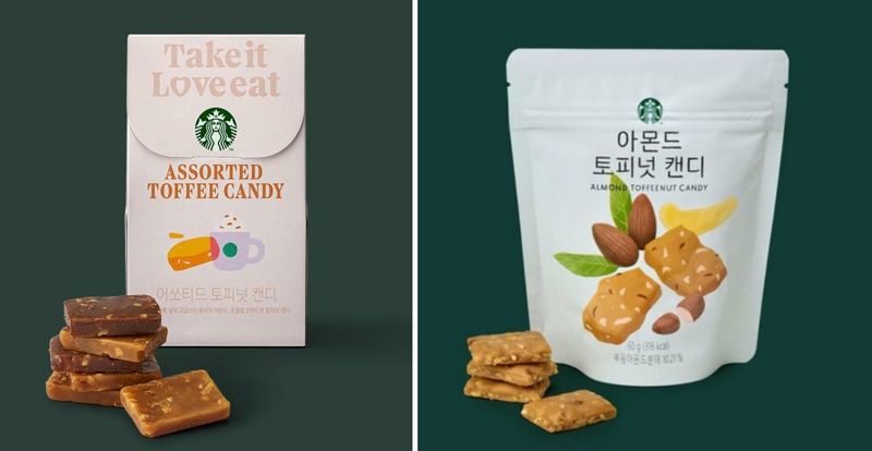 지난 15일 스타벅스가 신상품으로 출시한 3종의 스낵류 중 하나인 '어쏘티드 토피넛 캔디(왼쪽)'는 기존 '아몬드 토피넛 캔디'에서 포장과 이름을 바꾸고 중량은 줄인 제품이다. /사진=스타벅스 홈페이지