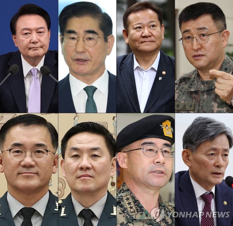 (윗줄 왼쪽부터) 윤석열 김용현 이상민 박안수 (아랫줄 왼쪽부터) 여인형 이진우 곽종근 조지호 (출처=연합뉴스)
