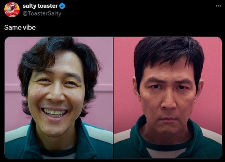 한 누리꾼이 트럼프 당선인 공식 사진과 오징어게임 속 이정재의 모습이 닮았다고 주장하며 올린 사진. 사진=엑스