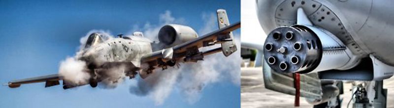 미 공군 A-10 썬더볼트 II. 흰 연기를 내뿜고 기관포를 난사하면서 저공으로 돌진하는 기체 모습을 빗대어 성난 '혹멧돼지'(Warthog)라고도 부른다. 미국이 1972년 생산해 1977년부터 실전 운용한 A-10은 기체에 GAU-8/A 어벤저 30mm 회전식 기관포 1문을 고정으로 장착한다(우). 1170여발을 장착한 30㎜ 기관포탄은 열화우라늄으로 처리된 철갑소이탄으로, 전차나 장갑차를 관통할 수 있다. 이런 능력으로 A-10은 '탱크 킬러'라는 별명을 얻었다. 사진=미 공군(US AirForce)