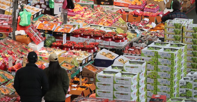 시민들이 대전 유성구 노은농수산물시장 청과시장에서 장을 보고 있다. /뉴스1 ⓒ News1 김기태 기자