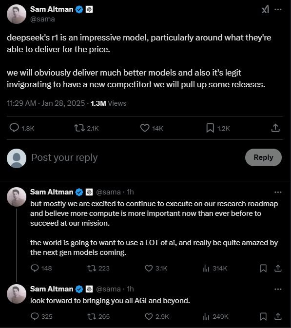 [서울=뉴시스] 샘 올트먼 오픈AI CEO는 27일(현지시각) 엑스를 통해 "딥시크 R1은 인상적인 모델"이라며 새로운 경쟁자 등장에 고무적인 입장을 보였다. 그는 "우리는 분명히 훨씬 더 나은 모델을 제공할 것"이라며 "여러분 모두에게 AGI와 그 이상의 것들을 제공할 수 있기를 기대한다"고 전했다. (사진=샘 올트먼 오픈AI CEO 엑스 캡처) *재판매 및 DB 금지