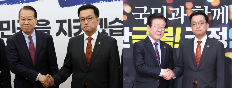 [서울=뉴시스] 조수정 기자 = 최상목 대통령 권한대행 부총리 겸 기획재정부 장관이 13일 서울 여의도 국회에서 권영세(왼쪽사진 왼쪽) 국민의힘 비상대책위원장, 이재명(오른쪽사진 왼쪽) 더불어민주당 대표를 접견하며 악수하고 있다. 2025.01.13. chocrystal@newsis.com *재판매 및 DB 금지
