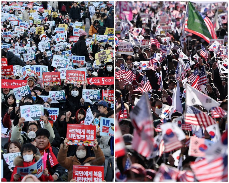 설 연휴인 25일 오후 서울 도심 경복궁과 광화문 일대에서는 윤석열 대통령 탄핵을 촉구하거나 반대하는 대규모 집회가 열렸다. 사진은 경복궁 4번출구 인근에서 열린 ‘윤석열 대통령 탄핵 촉구 집회’(왼쪽)와 동화면세점 앞에서 열린 '윤석열 대통령 탄핵 반대 집회'(오른쪽). 2025.1.25/뉴스1 ⓒ News1 김성진 기자,이동해 기자