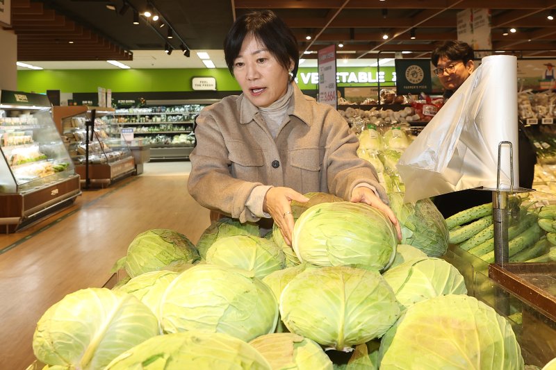 송미령 농림축산식품부 장관이 2일 서울 용산구 이마트 용산점에서 농축산물 물가동향 현장점검을 하고 있다. 연합뉴스