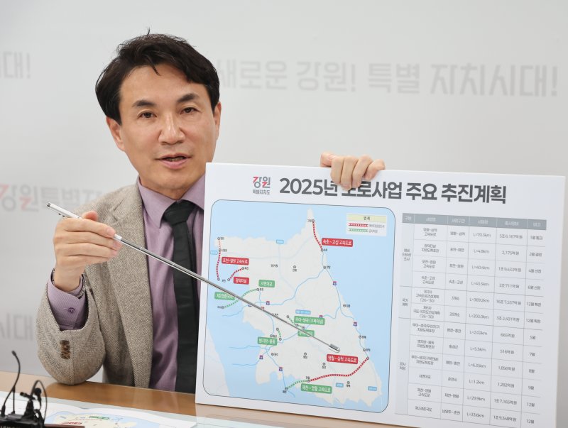 김진태 강원도지사가 3일 도청에서 '2025년 도로사업 주요 추진계획'에 대해 설명하고 있다.(강원도 제공) 2025.2.3/뉴스1