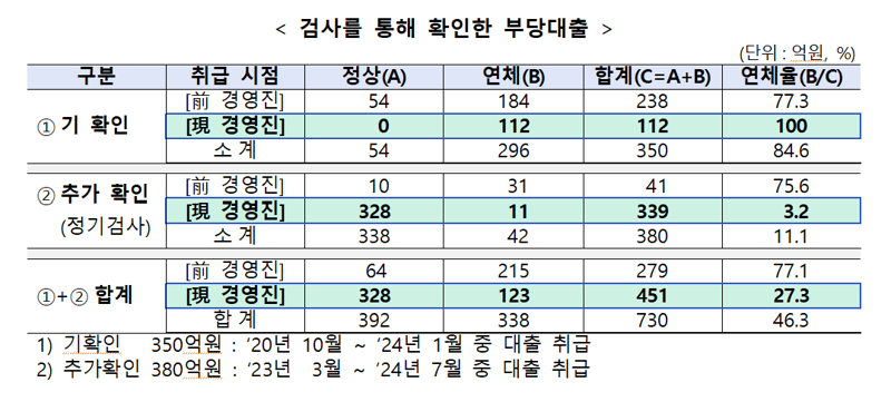 금감원 정기검사를 통해 확인된 손태승 전 우리금융지주 회장 친인척 관련 부당대출 규모. 금융감독원 제공