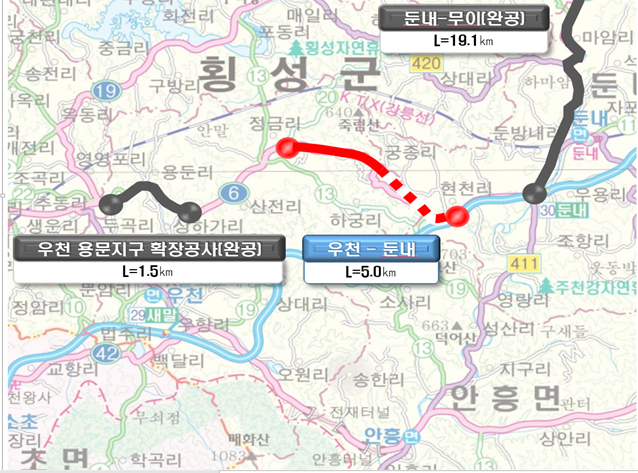 국도 19호선 횡성 우천~둔내 노선. 횡성군 제공