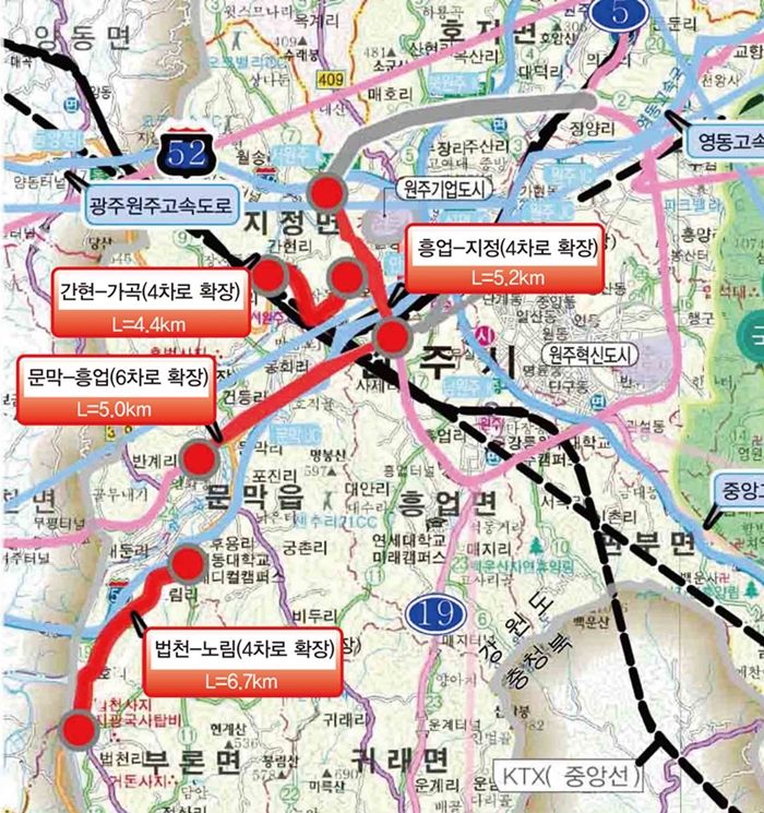 제6차 국도·국지도 건설 예타 대상에 선정된 원주지역 4개 노선 위치도. 원주시 제공