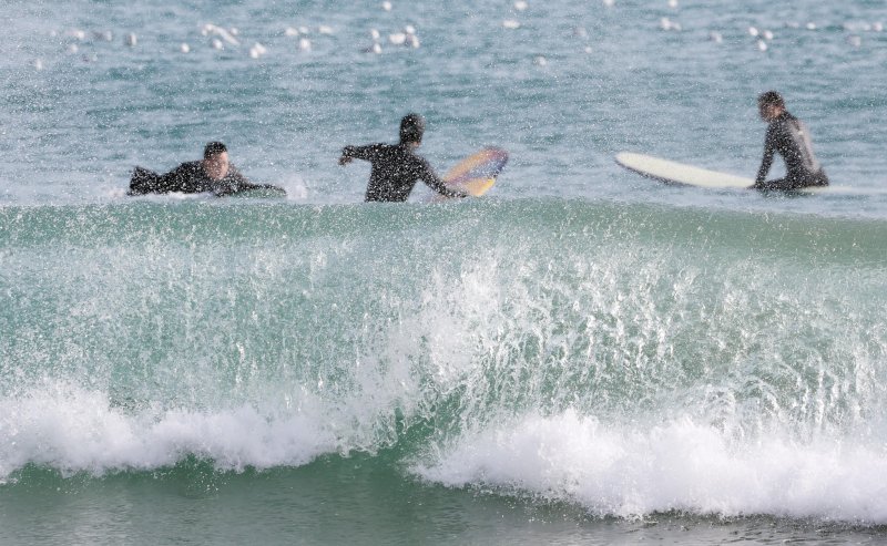 [부산=뉴시스] 하경민 기자 = 전국에 한파가 덮친 6일 부산 해운대구 송정해수욕장을 찾은 서퍼들이 높은 파도를 즐기고 있다. 이날 부산의 아침 최저기온은 영하 5.9도, 낮 최고기온 2.6도를 기록했다. 반면 부산 앞바다 수온은 오륙도 10.5도, 기장군 12.3도로 측정됐다. 2025.02.06. yulnetphoto@newsis.com