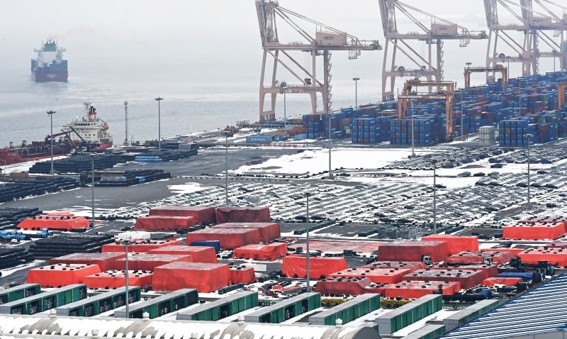 [평택=뉴시스] 김종택 기자 = 사진은 10일 경기도 평택항 수출입 부두에 철강 제품과 화물 컨테이너가 쌓여 있는 모습. 2025.02.10. jtk@newsis.com