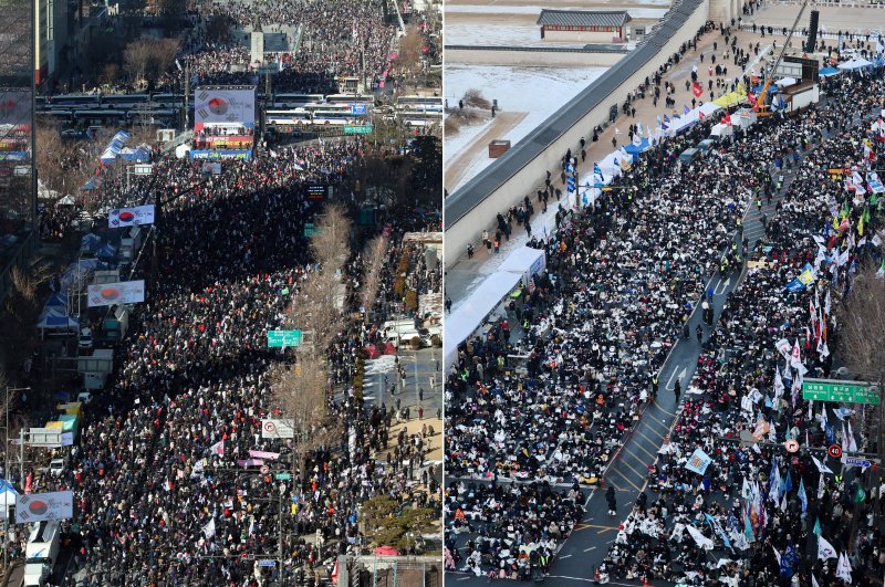 [서울=뉴시스] 김진아·김금보·김명년 기자 = 8일 서울 종로구 광화문광장에서 윤석열 대통령 탄핵 반대 집회가 열리고 있다.(왼쪽 사진) 같은날 서울 종로구 경복궁역 앞에서 윤 대통령 탄핵 촉구 집회가 열리고 있다.(오른쪽 사진) 2025.02.08. photo@newsis.com