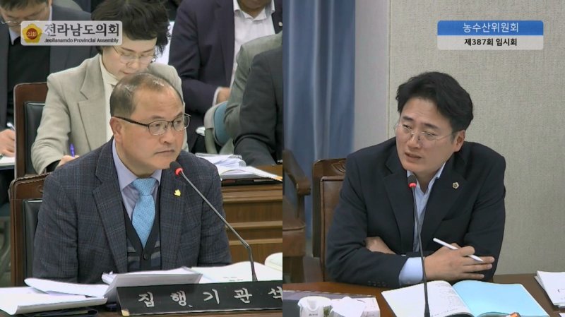 진호건 도의원(오른쪽)이 농축산식품국 소관 업무보고에서 박현식 농축산식품국장에게 질의하고 있다.(전남도의회 제공)/뉴스1
