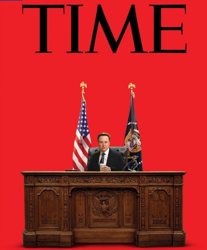 [서울=뉴시스] 시사주간 타임의 최근호 표지. 일론 머스크가 백악관 대통령 집무실 ‘결단의 책상’ 앞에 앉아있는 합성 사진을 실었다.(출처: 타임 홈페이지) 2025.02.10. *재판매 및 DB 금지