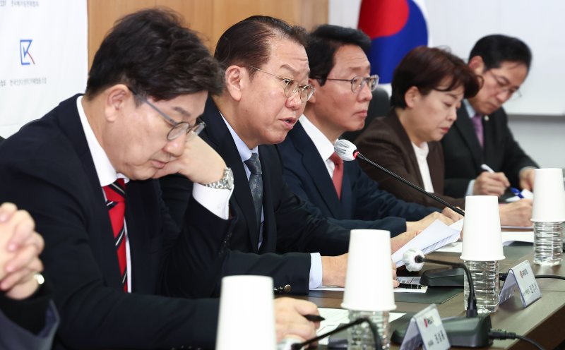권영세 국민의힘 비상대책위원장이 13일 오후 서울 여의도 소상공인연합회 대회의실에서 열린 경제활력민생특별위원회·소상공인연합회 간담회에서 인사말을 하고 있다. 2025.2.13/뉴스1 ⓒ News1 김민지 기자