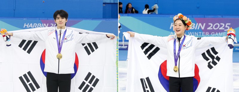 [하얼빈(중국)=뉴시스] 김선웅 기자 = 13일(현지 시간) 중국 하얼빈 헤이룽장 빙상훈련센터에서 열린 2025 하얼빈 동계 아시안게임 남녀 피겨스케이팅 싱글 각 종목에서 김채연(오른쪽)과 차준환이 각각 금메달을 차지했다. 2025.02.13. mangusta@newsis.com