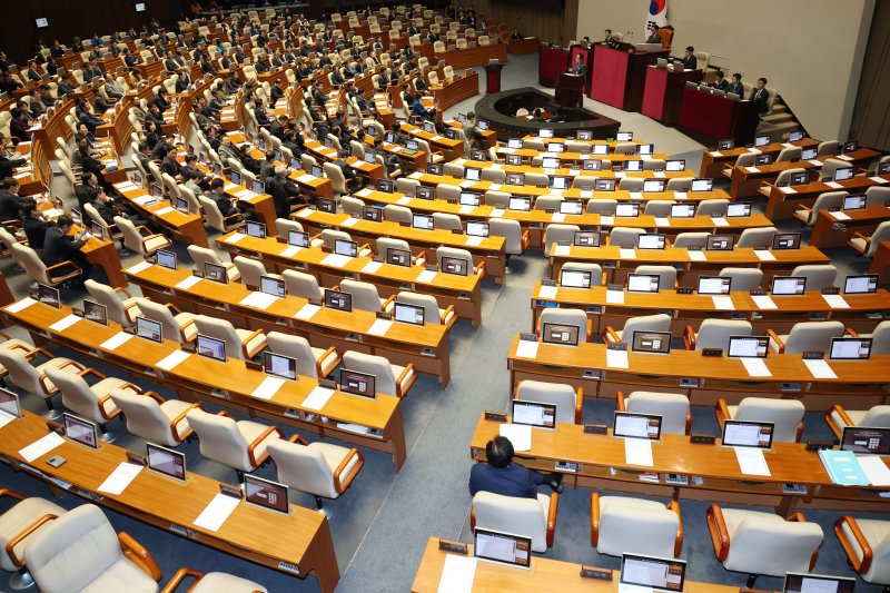 국민의힘 의원들이 14일 오후 서울 여의도 국회에서 열린 본회의에 상정된 마은혁 헌법재판소 재판관 후보자에 대한 임명 촉구안과 김용원 상임위원 등 국가인권위원회의 헌정부정, 내란선전 행위 관련한 감사원에 대한 감사요구안에 대한 표결에 불참하며 본회의장을 퇴장해 자리가 비어있다. 2025.2.14/뉴스1 ⓒ News1 이광호 기자