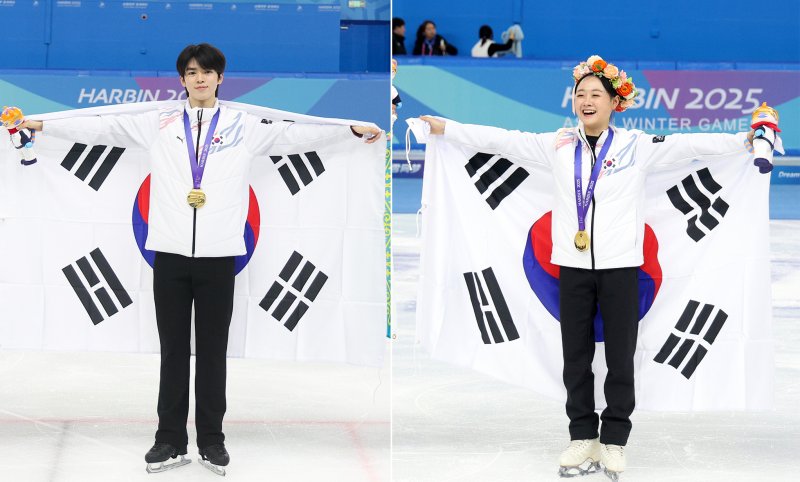 [하얼빈(중국)=뉴시스] 김선웅 기자 = 13일(현지 시간) 중국 하얼빈 헤이룽장 빙상훈련센터에서 열린 2025 하얼빈 동계 아시안게임 남녀 피겨스케이팅 싱글 각 종목에서 김채연(오른쪽)과 차준환이 각각 금메달을 차지했다. 2025.02.13. mangusta@newsis.com
