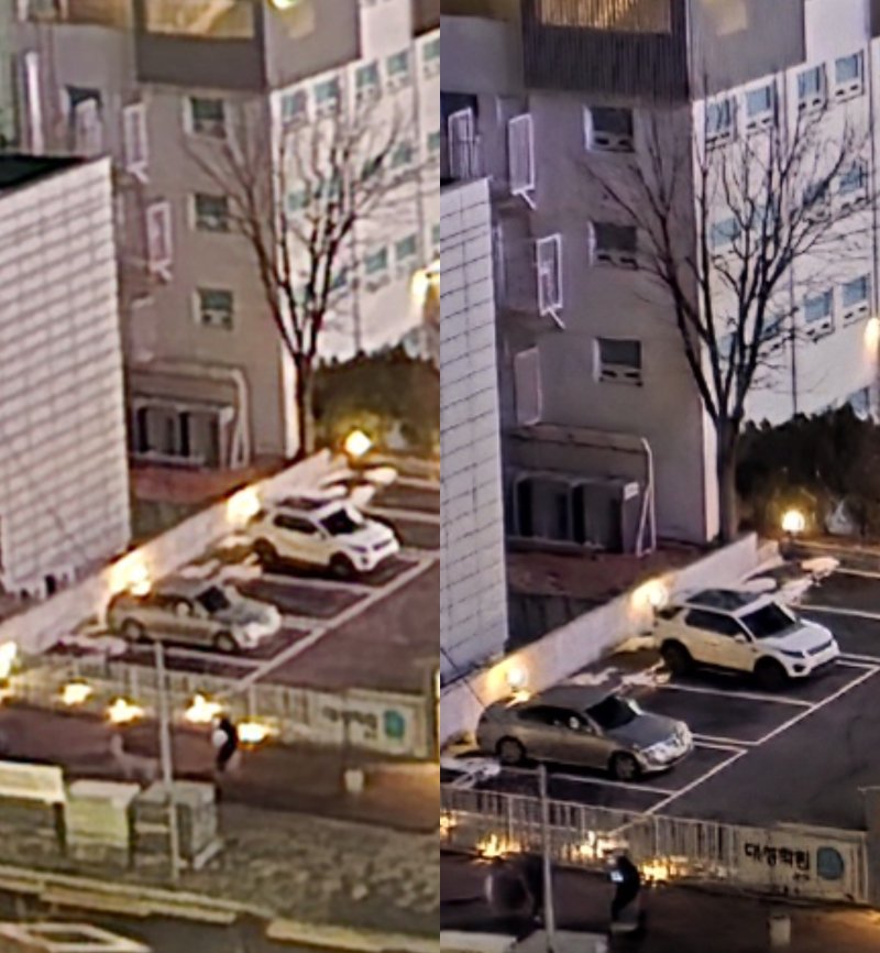 서울 동작구 노량진 일대 야경을 찍은 뒤 주차장을 최대 줌한 이미지. 갤럭시 S24(왼쪽) 대비 갤럭시 S25(오른쪽)의 결과물이 훨씬 선명해졌음이 확인된다./뉴스1 ⓒ News1 윤주영 기자