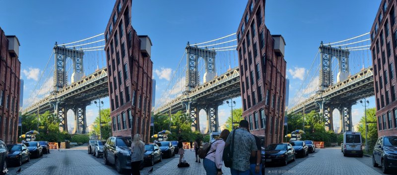 미국 뉴욕에 있는 유명 랜드마크 '덤보'는 늘 관광객으로 인산인해를 이루고 있다. 사진은 뉴욕 '덤보'를 촬영한 원본 사진(가운데)와 갤럭시 S24 울트라(왼쪽)와 갤럭시 S25 울트라(오른쪽)의 생성형 편집 기능으로 주변 인원을 모두 제거한 모습. (사진=윤현성 기자) *재판매 및 DB 금지