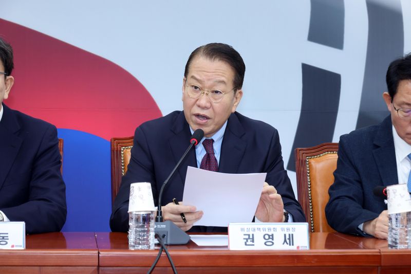 권영세 국민의힘 비상대책위원장이 17일 서울 여의도 국회에서 열린 비상대책위원회의에서 모두 발언하고 있다. 사진=박범준 기자