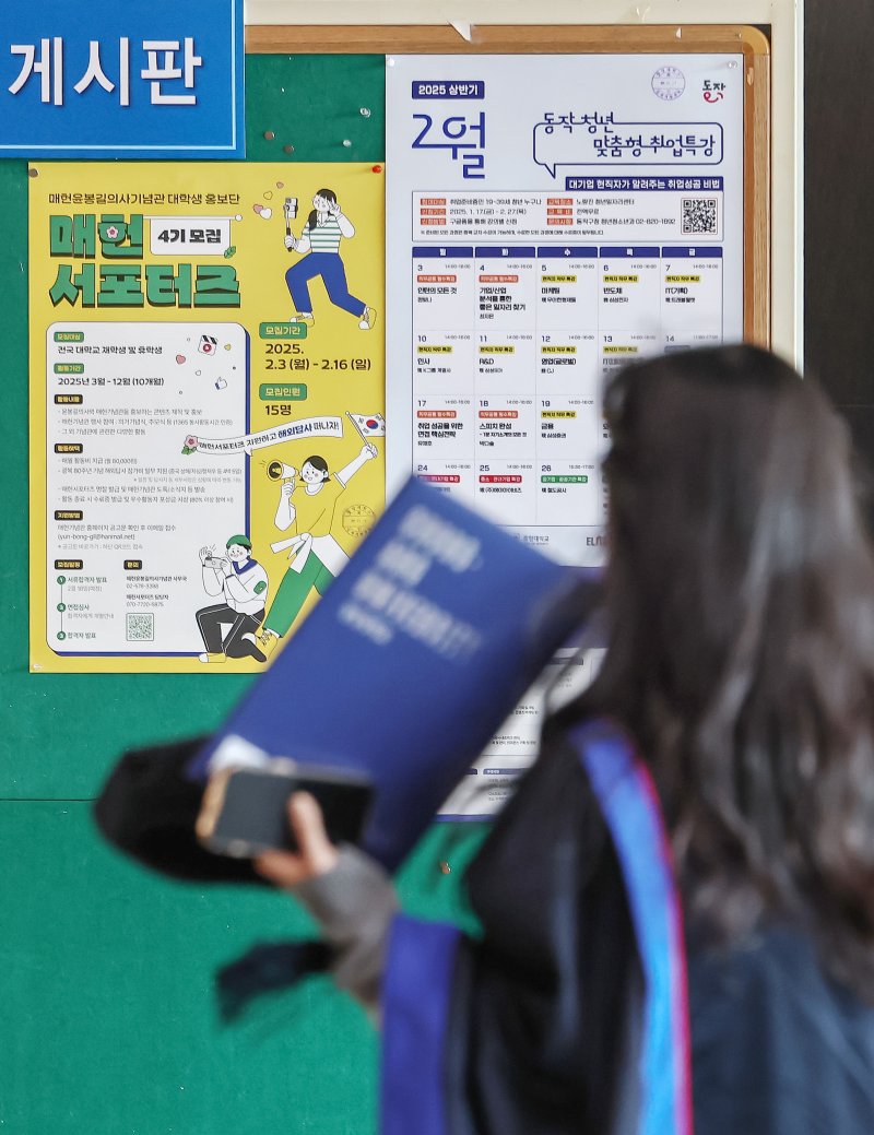17일 서울 동작구 중앙대학교에서 열린 '2024학년도 전기 학위수여식'에 참석한 한 졸업생이 취업 및 인턴십 정보 게시판 앞을 지나고 있다. 2025.2.17/뉴스1 ⓒ News1 민경석 기자