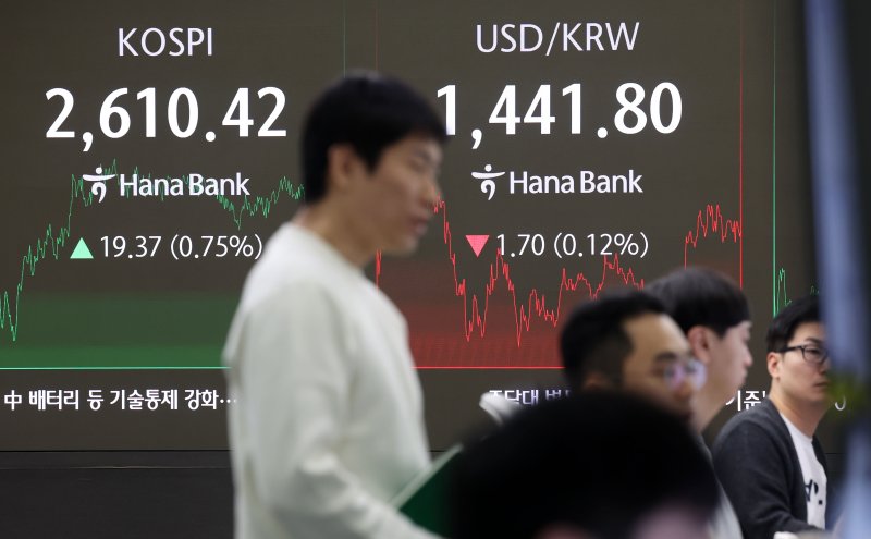 [서울=뉴시스] 홍효식 기자 = 코스피가 전 거래일(2591.05)보다 19.37포인트(0.75%) 오른 2610.42에 마감한 17일 오후 서울 중구 하나은행 딜링룸 전광판에 지수가 표시되고 있다.스닥 지수는 전 거래일(756.32)보다 12.16포인트(1.61%) 상승한 768.48에 거래를 종료했다. 서울 외환시장에서 원·달러 환율은 전 거래일(1443.5원)보다 1.8원 내린 1441.7원에 마감했다. 2025.02.17. yesphoto@newsis.com
