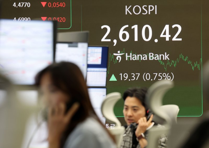 [서울=뉴시스] 홍효식 기자 = 코스피가 전 거래일(2591.05)보다 19.37포인트(0.75%) 오른 2610.42에 마감한 17일 오후 서울 중구 하나은행 딜링룸 전광판에 지수가 표시되고 있다.스닥 지수는 전 거래일(756.32)보다 12.16포인트(1.61%) 상승한 768.48에 거래를 종료했다. 서울 외환시장에서 원·달러 환율은 전 거래일(1443.5원)보다 1.8원 내린 1441.7원에 마감했다. 2025.02.17. yesphoto@newsis.com