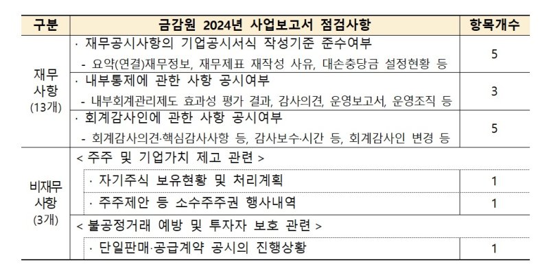 금융감독원 2024년 사업보고서 중점 점검사항. (자료=금융감독원 제공) photo@newsis.com *재판매 및 DB 금지