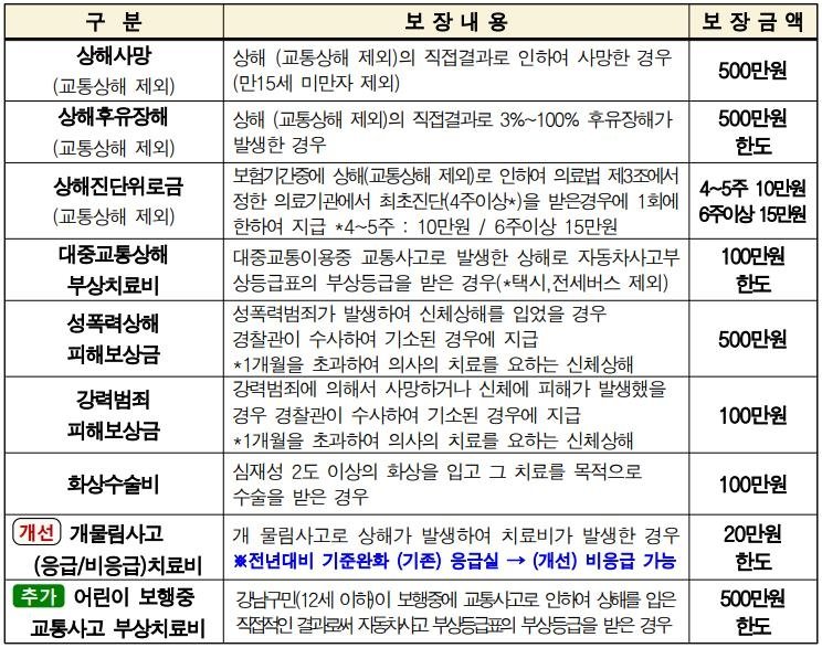 강남구 구민안전보험 보장항목 (출처=연합뉴스)