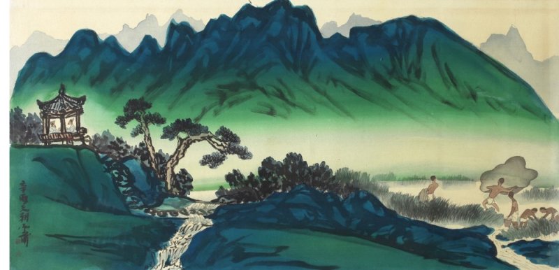 운보 김기창, <청산호반(靑山湖畔)>(1981), 비단에 수묵채색, 69 x 139.8 cm 아라리오뮤지엄 소장. ⓒ(재)운보문화재단. *재판매 및 DB 금지