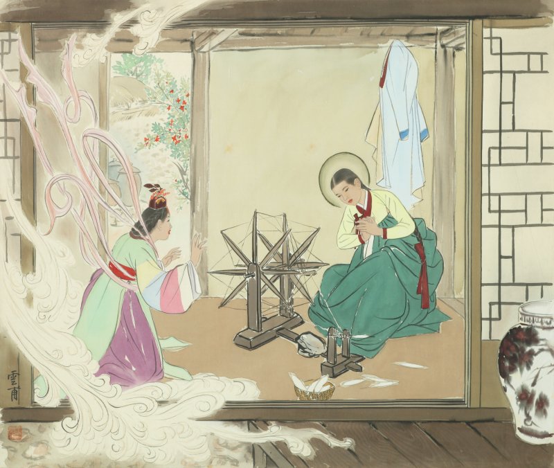 운보 김기창 雲甫 金基昶, 수태고지, 1952-53, 비단에 채색, 63 x 75 cm 아라리오뮤지엄 소장.ⓒ(재)운보문화재단. *재판매 및 DB 금지