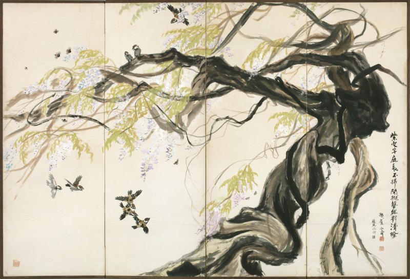 운보 雲甫, 우향 雨鄕, 등나무와 참새, 1950s, 종이에 수묵담채, 4폭 병풍 *재판매 및 DB 금지