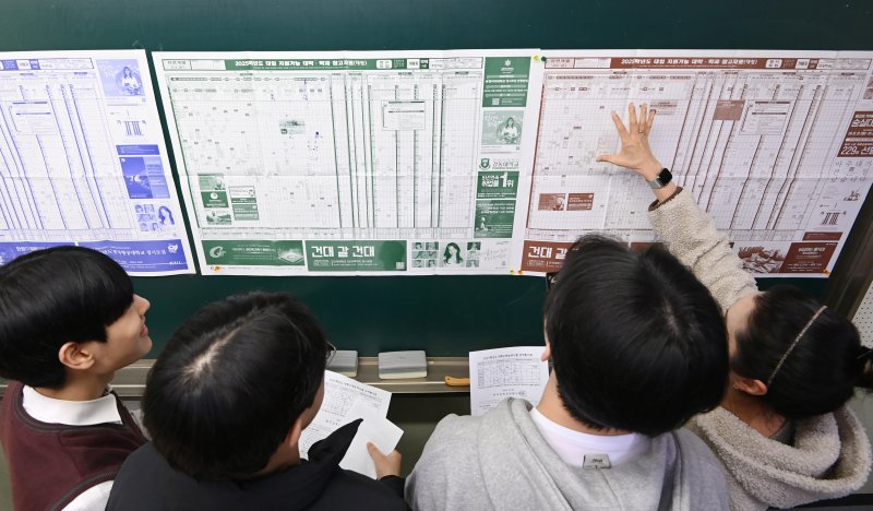 [수원=뉴시스] 김종택 기자 = 2025학년도 대학수학능력시험 성적표가 배부된 지난해 12월6일 경기도 수원시 효원고등학교 3학년 교실에서 수험생들이 전국대학 지원 참고표를 살펴보고 있다. 2025.02.18. jtk@newsis.com (사진은 기사 내용과 관계없음)
