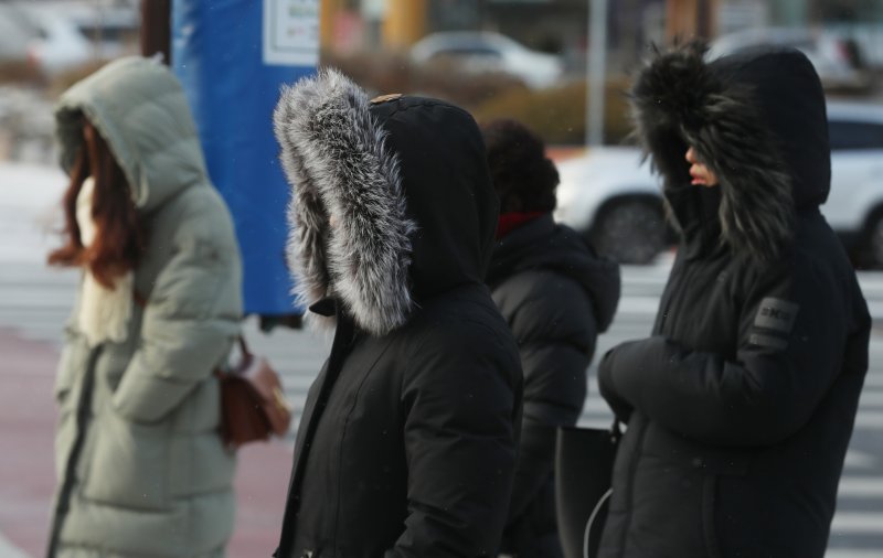 18일 대전·충남은 오전까지 대부분의 지역에 바람이 강하게 불고 서해중부해상에는 물결이 높게 일 겠다. 대전 서구 한 횡단보도에서 시민들이 두꺼운 외투로 중무장 한채 신호를 기다리고 있다. /뉴스1