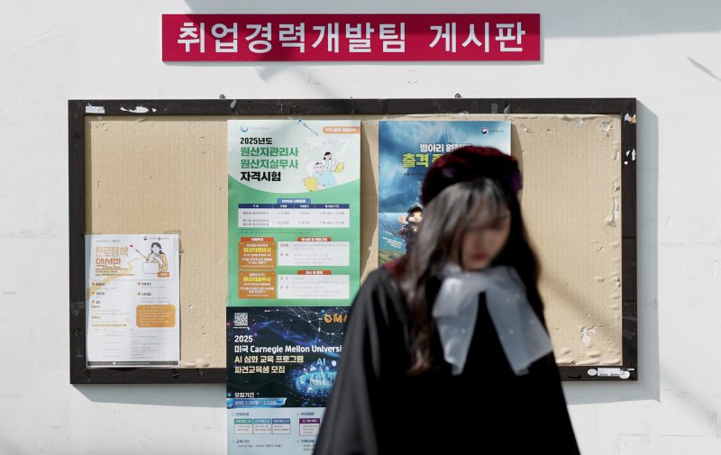 [서울=뉴시스] 김진아 기자 = 서울의 한 대학교 학위수여식에서 졸업생이 취업게시판 앞을 지나가고 있다. 2025.02.14. bluesoda@newsis.com