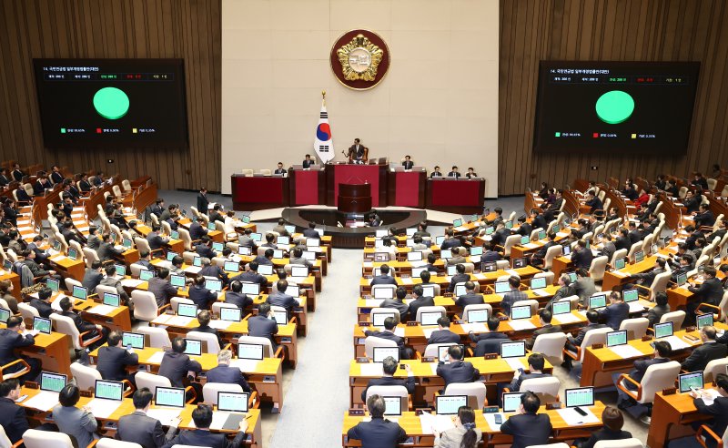 2일 오후 서울 여의도 국회에서 열린 제418회국회(정기회) 제14차 본회의에서 국민연금법 일부개정법률안(대안)이 재적 300인 중 재석 289인, 찬성 288인, 반대 0인, 기권 1인으로 통과되고 있다. 2024.12.2/뉴스1 ⓒ News1 김민지 기자